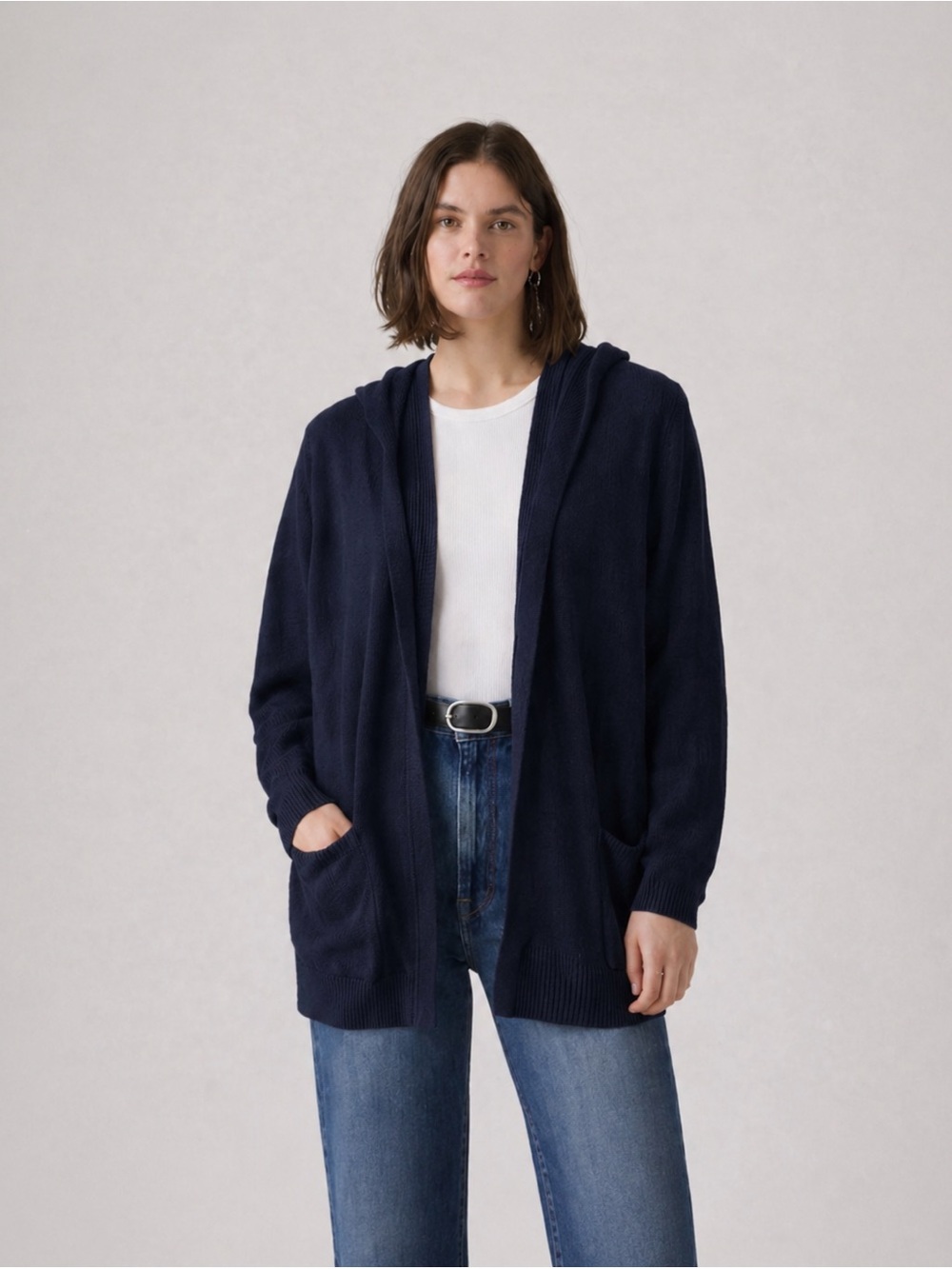 Tahari Open-Front Hooded Cardigan in Navy